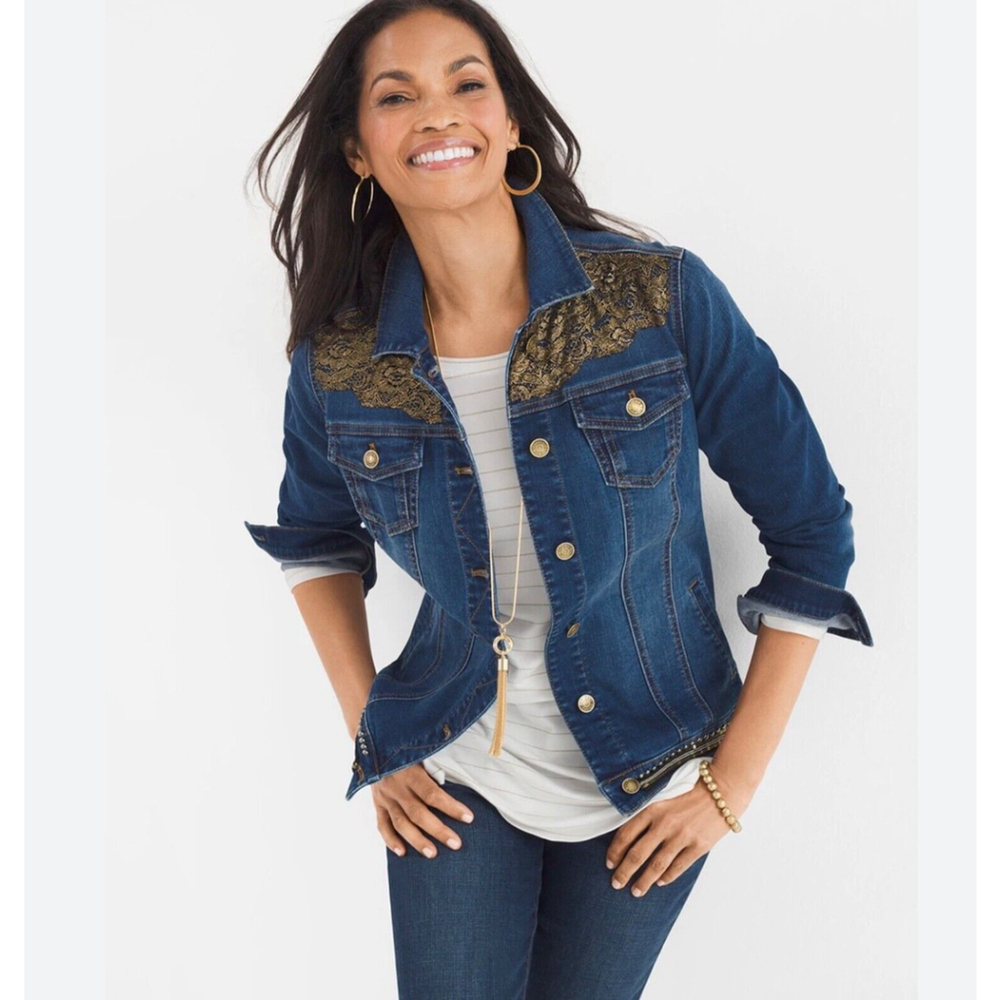Chico's Gold Lace Bead Detail Denim Blue Jean Jacket Size 1 Small
